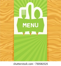 Page with fork, spoon and knife with tag for text on seamless wood pattern. Cutlery for the menu of restaurant or cafe. Illustration for menu with banner, knife, fork and spoon in modern flat design