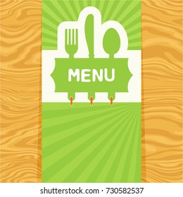 Page with fork, spoon and knife with tag for text on seamless wood pattern. Cutlery for the menu of restaurant or cafe. Illustration for menu with banner, knife, fork and spoon in modern flat design