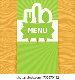 Page with fork, spoon and knife with tag for text on seamless wood pattern. Cutlery for the menu of restaurant or cafe. Illustration for menu with banner, knife, fork and spoon in modern flat design