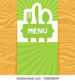 Page with fork, spoon and knife with tag for text on seamless wood pattern. Cutlery for the menu of restaurant or cafe. Illustration for menu with banner, knife, fork and spoon in modern flat design