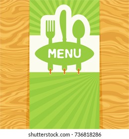 Page with fork, spoon and knife with tag for text on seamless wood pattern. Cutlery for the menu of restaurant or cafe. Illustration for menu with banner, knife, fork and spoon in modern flat design