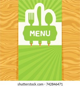 Page with fork, spoon and knife with tag for text on seamless wood pattern. Cutlery for the menu of restaurant or cafe. Illustration for menu with banner, knife, fork and spoon in modern flat design