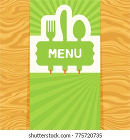 Page with fork, spoon and knife with tag for text on seamless wood pattern. Cutlery for the menu of restaurant or cafe. Illustration for menu with banner, knife, fork and spoon in modern flat design