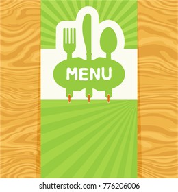 Page with fork, spoon and knife with tag for text on seamless wood pattern. Cutlery for the menu of restaurant or cafe. Illustration for menu with banner, knife, fork and spoon in modern flat design
