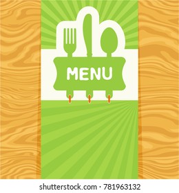 Page with fork, spoon and knife with tag for text on seamless wood pattern. Cutlery for the menu of restaurant or cafe. Illustration for menu with banner, knife, fork and spoon in modern flat design