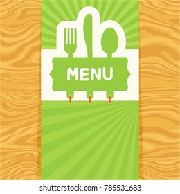 Page with fork, spoon and knife with tag for text on seamless wood pattern. Cutlery for the menu of restaurant or cafe. Illustration for menu with banner, knife, fork and spoon in modern flat design