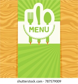 Page with fork, spoon and knife with tag for text on seamless wood pattern. Cutlery for the menu of restaurant or cafe. Illustration for menu with banner, knife, fork and spoon in modern flat design
