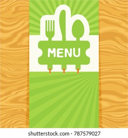 Page with fork, spoon and knife with tag for text on seamless wood pattern. Cutlery for the menu of restaurant or cafe. Illustration for menu with banner, knife, fork and spoon in modern flat design