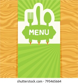 Page with fork, spoon and knife with tag for text on seamless wood pattern. Cutlery for the menu of restaurant or cafe. Illustration for menu with banner, knife, fork and spoon in modern flat design