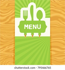Page with fork, spoon and knife with tag for text on seamless wood pattern. Cutlery for the menu of restaurant or cafe. Illustration for menu with banner, knife, fork and spoon in modern flat design