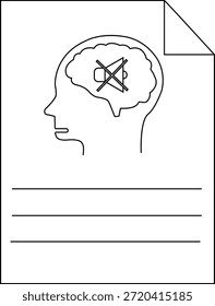 Una página con un contorno de la cabeza que contiene un cerebro con un símbolo de altavoz silenciado y líneas para escribir