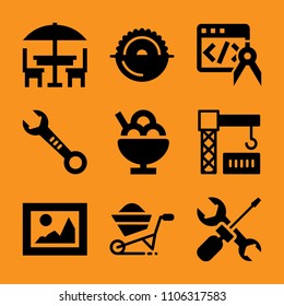 page, house, fruit, teeth, antique and hammer icon vector set. Flat vector design with filled icons. Designed for web and software interfaces