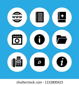 page icon. 9 page set with info, daily calendar, domain registration and folder vector icons for web and mobile app