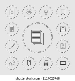 Page icon. collection of 13 page outline icons such as book, flag, memory card, document, pen, helmet, 14 date, magazine, newspaper. editable page icons for web and mobile.