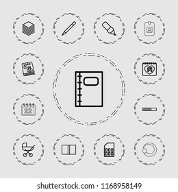 Page icon. collection of 13 page outline icons such as baby stroller, pen, 14 date, magazine, loading, notebook, paper, book. editable page icons for web and mobile.