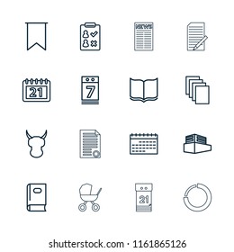 Page icon. collection of 16 page outline icons such as book, paper, check list, helmet, calendar, calendar 7 date, documents box, flag. editable page icons for web and mobile.
