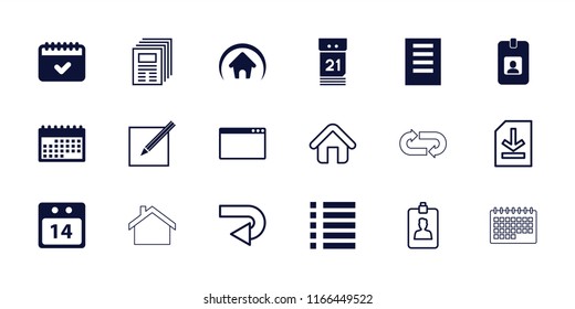 Page icon. collection of 18 page filled and outline icons such as calendar, paper and pen, 14 date calendar, home, back arrow. editable page icons for web and mobile.