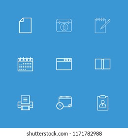Page icon. collection of 9 page outline icons such as calendar, paper, resume, browser window, book, printer, calendar with clock. editable page icons for web and mobile.