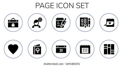 Seitensymbol gesetzt. 10 gefüllte Seitensymbole. Einschließlich Ereignis, z. B. Nachrichten, Menü, Anmerkungen, Kalender, Vereinbarung, Bücher-Symbole
