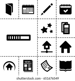 Page icon. set of 13 filled pageicons such as house building, book, news, pen, calendar, star, home, document