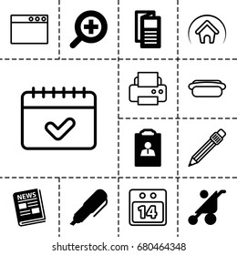 Page icon. set of 13 filled and outline page icons such as baby stroller, news, zoom in, pen, resume, printer, calendar, 14 date calendar, home, hot dog