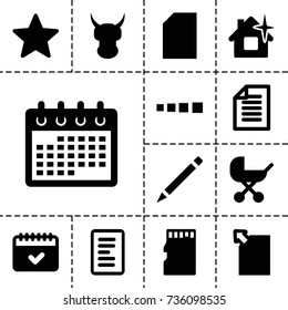 Page icon. set of 13 filled page icons such as baby stroller, clean house, calendar, pen, paper, memory card, star, document, helmet, loading