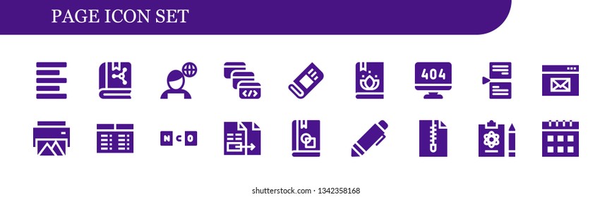 page icon set. 18 filled page icons.  Collection Of - Left alignment, Book, News, Browser window, Newspaper, 404 error, Page, Browser, Printer, Timetable, Document, Pen