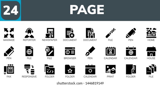 page icon set. 24 filled page icons.  Simple modern icons about  - Maximize, Reporter, Newspaper, Document, File, Pen, Home, Browser, Calendar, House, Fax, Responsive, Folder
