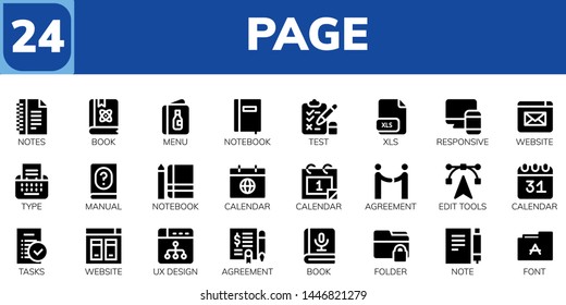 page icon set. 24 filled page icons.  Simple modern icons about  - Notes, Book, Menu, Notebook, Test, Xls, Responsive, Website, Type, Manual, Calendar, Agreement, Edit tools, Tasks