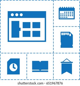 Page icon. set of 6 page filled icons such as memory card, calendar, flag, book, browser window