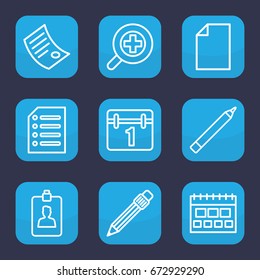 Page icon. set of 9 outline page icons such as pen, calendar, clipboard, paper, zoom in