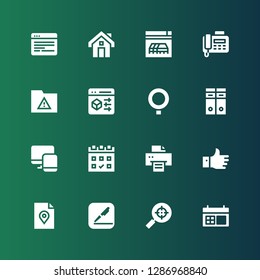 page icon set. Collection of 16 filled page icons included Calendar, Search engine, Pages, File, Like, Printer, Responsive, Archives, Qstack, Browser, Folder, Fax, Website, House