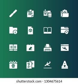 page icon set. Collection of 16 filled page icons included Font, Landing, File, Calendar, Landing page, Printer, Book, Folder, Notes, Note