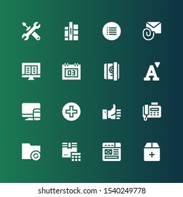 page icon set. Collection of 16 filled page icons included Add, Wireframe, Calendar, Folder, Fax, Like, Responsive, Font, Diary, Ebook, Attachment, Menu, Books, Edit