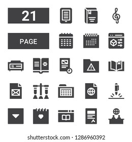 page icon set. Collection of 21 filled page icons included News, Contract, Book, Calendar, Menu, Pen, File, Schedule, Test, Folder, Document, Ebook, Browser, Note