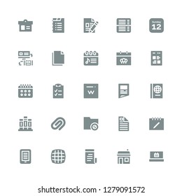 page icon set. Collection of 25 filled page icons included Calendar, House, Newspaper, Grid, Ebook, Notes, File, Folder, Paper clip, Books, Book, Domain, Checklist, Web, Copy