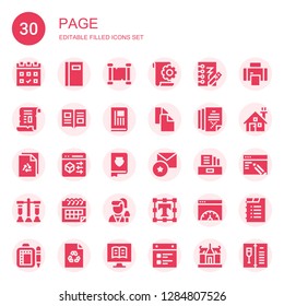 page icon set. Collection of 30 filled page icons included Calendar, Book, Scroll, File, Notepad, Papyrus, Newspaper, Copy, Browser, Favorite, Literature, Test, Reporter, Text editor