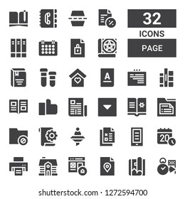 page icon set. Collection of 32 filled page icons included Deadline, Magazine, File, Homepage, House, Printer, Calendar, Ebook, Checklist, Curriculum, Folder, Menu, Newspaper