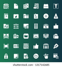 page icon set. Collection of 36 filled page icons included Calendar, Usability, Folder, File, Notebook, Login, Board, Loader, Like, Browser, Editor, Scroll, Website, Page speed