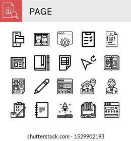 page icon set. Collection of Report, Folder, History, Web, Checklist, Document, Ebook, Journal, Spreadsheet, Cursor, Photo album, Leaflet, Pen, Article, Home, Reporter, Notebook icons