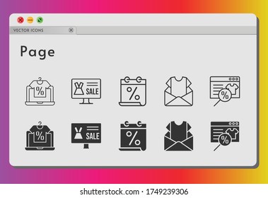 page icon set. included calendar, online shop, newsletter icons on white background. linear, filled styles.