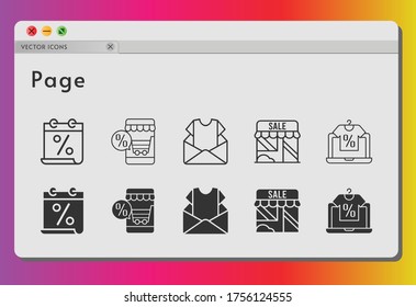 page icon set. included calendar, online shop, newsletter, shop icons on white background. linear, filled styles.