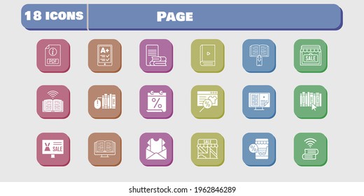 page icon set. included calendar, online shop, newsletter, ereader, ebook, shop, pdf, books, online-learning, book, icons on white background. linear, filled styles.