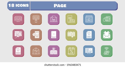 page icon set. included calendar, newsletter, online shop, pdf, ebook, shop, books, learn, online-learning, book, doc icons on white background. linear, filled styles.