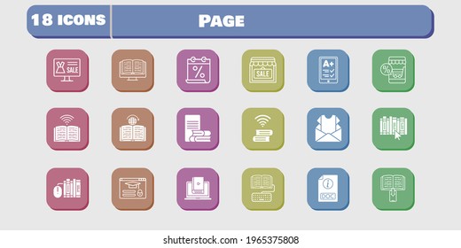 page icon set. included calendar, newsletter, shop, learn, homework, book, learning, login, online shop, ereader, books icons on white background. linear, filled styles.