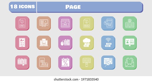 page icon set. included calendar, newsletter, shop, learn, book, learning, cloud library, online shop, ereader, ebook icons on white background. linear, filled styles.