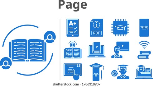 page icon set. included chip, smartphone, student, learn, book, training, learning, touchscreen, feedback, ereader, pdf, teacher icons. filled styles.