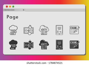 page icon set. included cloud library, cloud, exam, tablet, test icons on white background. linear, filled styles.