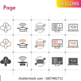 page icon set. included feedback, cap, ebook, student-laptop, information icons on white background. linear, bicolor, filled styles.