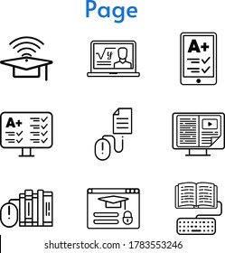 page icon set. included professor, e-reader, cap, e-book, books, test, homework, login, click icons. linear styles.